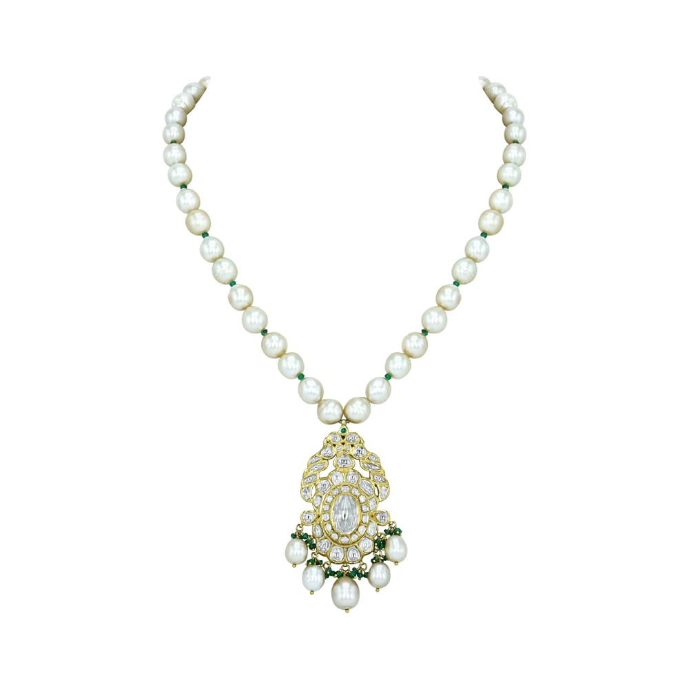 Pearl Strand Necklace with Polki Pendant and Emerald Beads